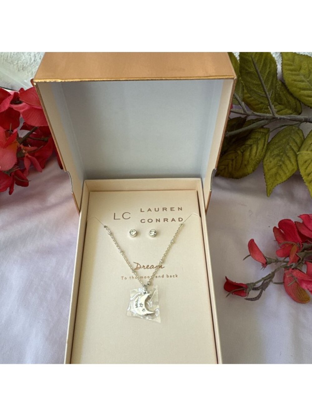 LC Lauren Conrad Gift Set Silver 16" Moon Pendant CZ Necklace Stud Earrings NEW
